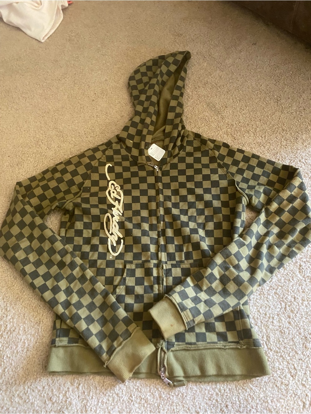 Vintage Ed Hardy by Christian Audigier Tiger Checkered Zip Hoodie Olive Men's M